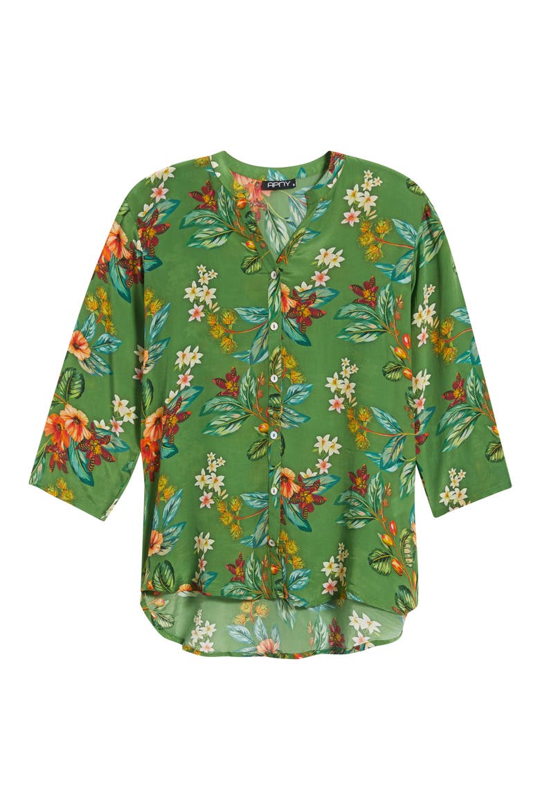Mandarin Collar Button-Up Shirt, Alternate, color, FOREST/CORAL MULTI