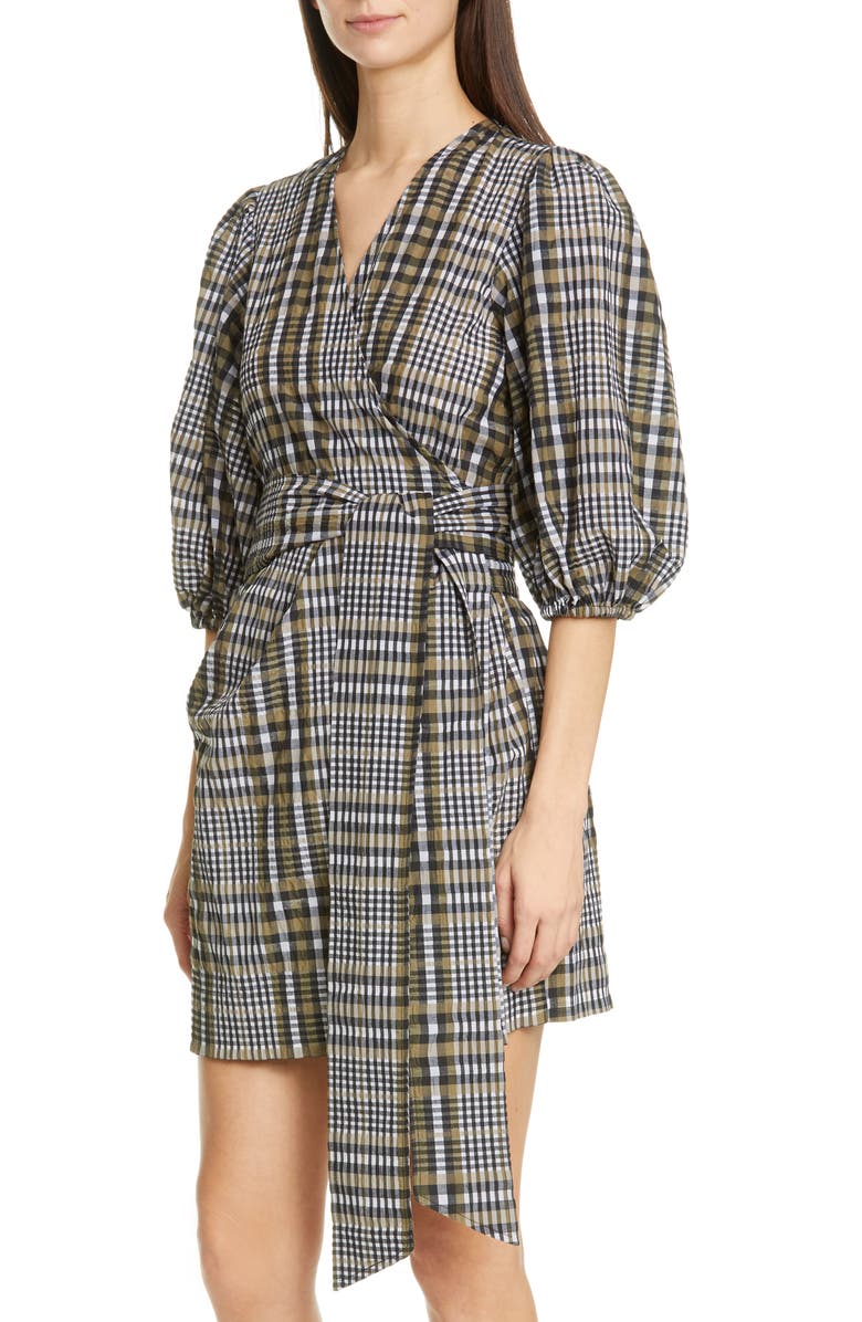 Ganni Check Seersucker Puff Sleeve Wrap Dress, Alternate, color, 