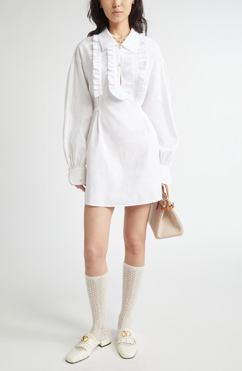 Valentino Garavani Floral Embroidered Ruffle Long Sleeve Minidress, Main, color, White