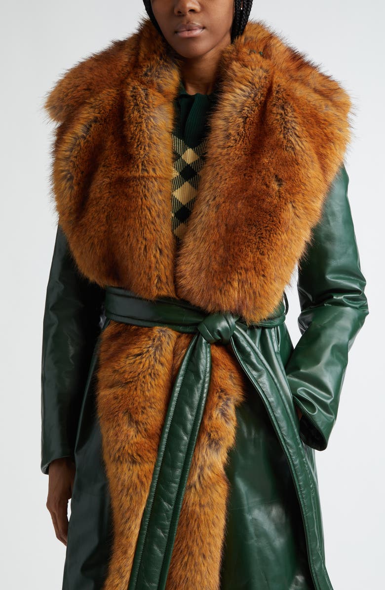 Burberry Padded Leather Wrap Coat with Faux Fur Scarf & Hood, Alternate, color,