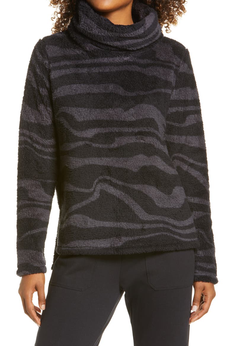 Furry Fleece Funnel Neck Pullover, Main, color, BLACK- GREY SHELDON PRINT