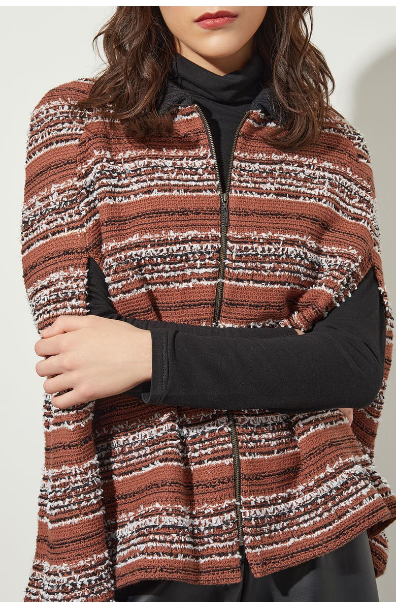Ming Wang Collared Zip Front Cozy Knit Cape, Alternate, color, Chestnut/Black/Ivory