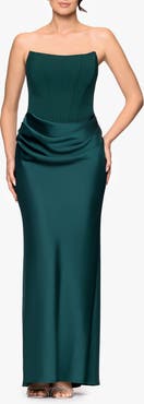 Betsy & Adam Strapless Mixed Media Gown