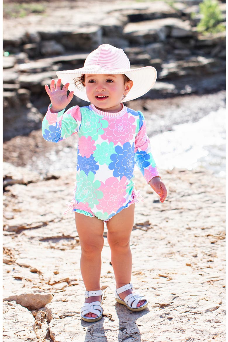 Pastels One-Piece Rashguard Swimsuit & Floppy Hat Set, Alternate, color, WHITE