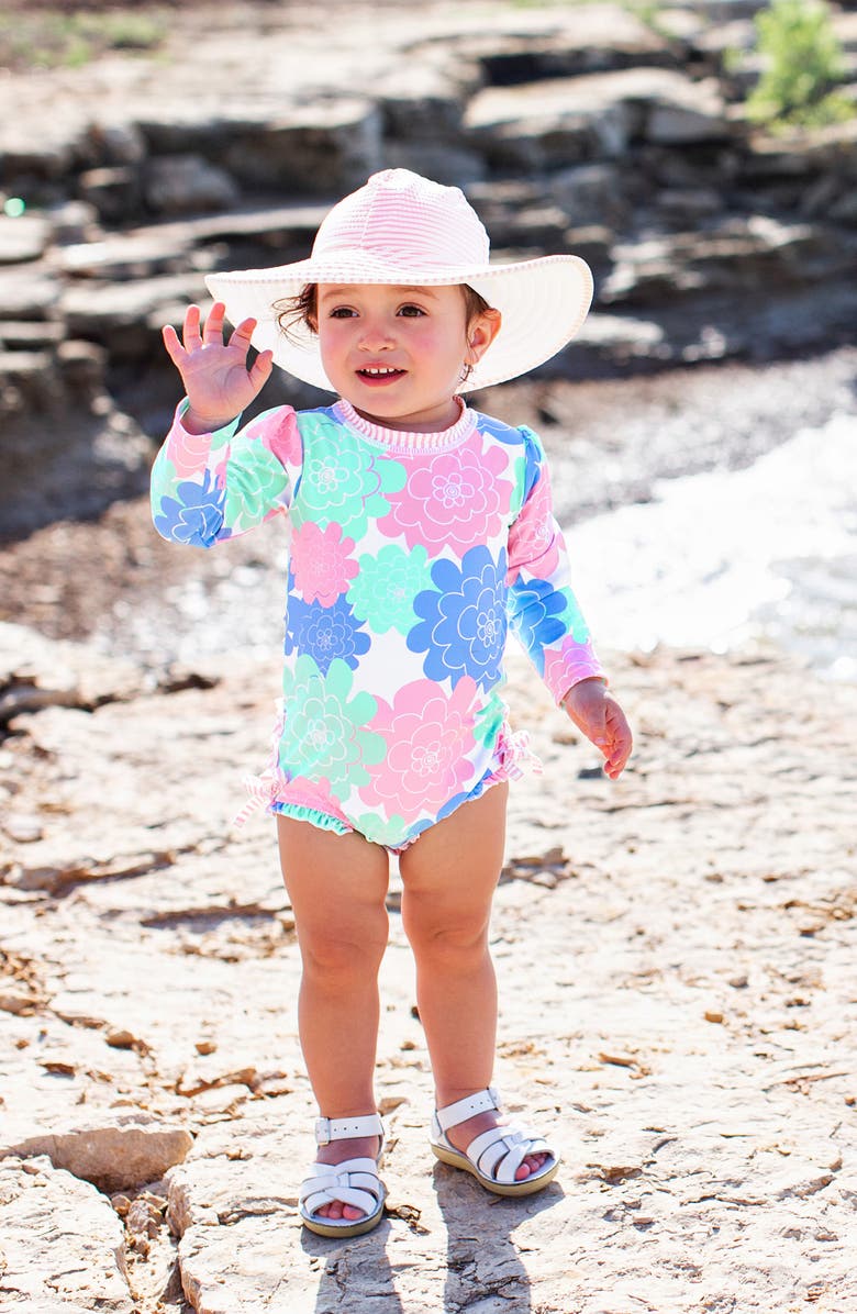 RuffleButts Pastels One-Piece Rashguard Swimsuit & Floppy Hat Set, Alternate, color, 