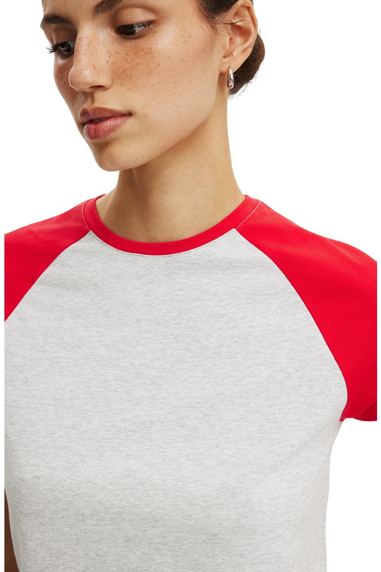 Women's 90S Baby Raglan Tee, Alternate, color, Grey Marle Red Petal