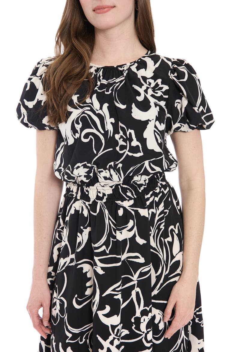 Puff Sleeve Midi Dress, Alternate, color, BLACK/ BONE