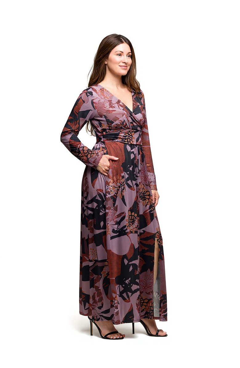 24seven Comfort Apparel Floral Print Long Sleeve Wrap Maxi Dress, Alternate, color, Grey Multi
