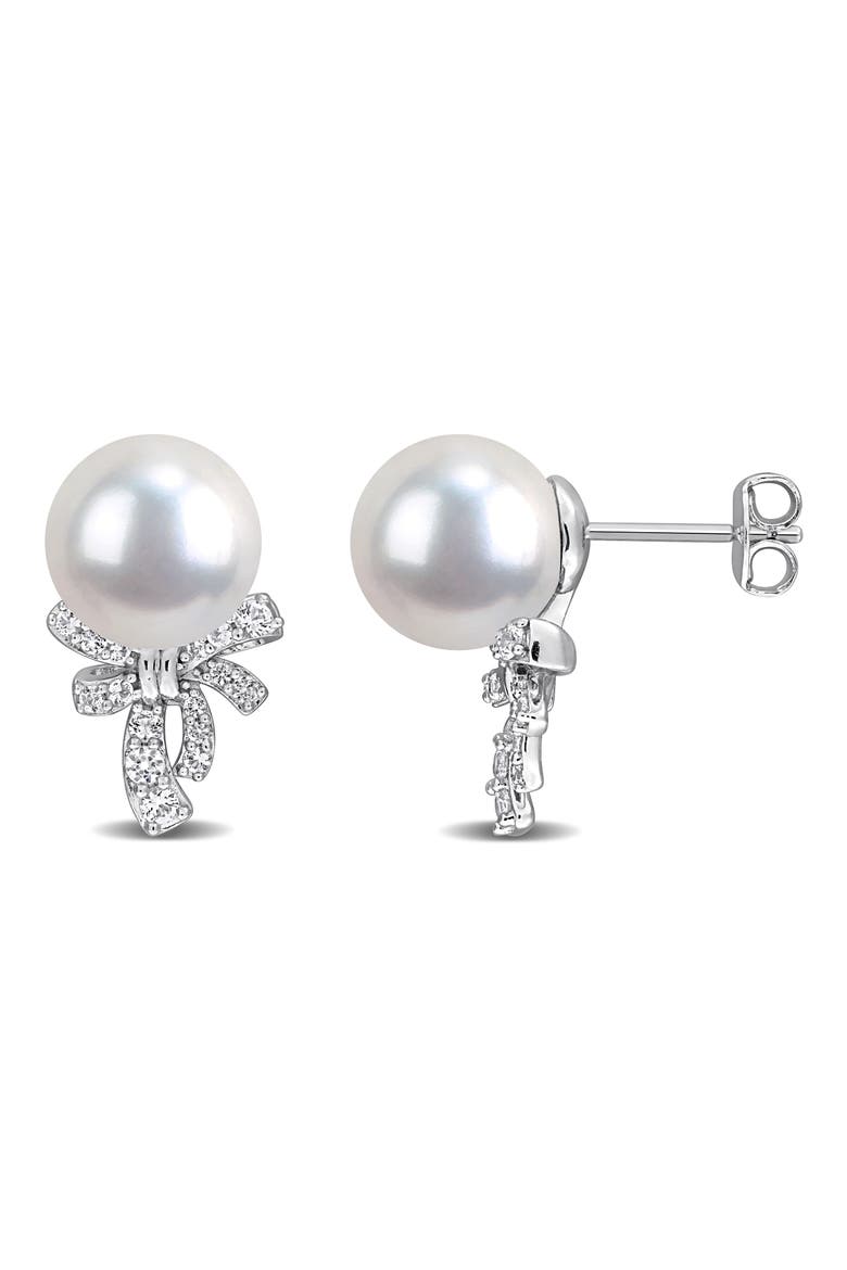 Lab Created White Sapphire & Cultured Pearl Bow Stud Earrings, Main, color, WHITE GOLD