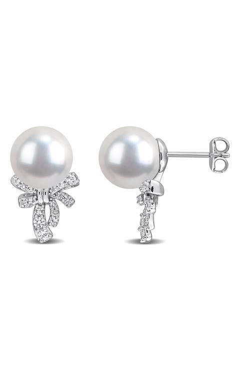 Lab Created White Sapphire & Cultured Pearl Bow Stud Earrings