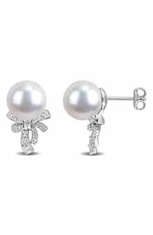 Lab Created White Sapphire & Cultured Pearl Bow Stud Earrings