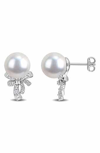 Lab Created White Sapphire & Cultured Pearl Bow Stud Earrings