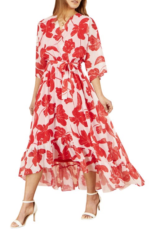 Yumi Kimono Sleeves Dip Hem Wrap Midi Dress In Red