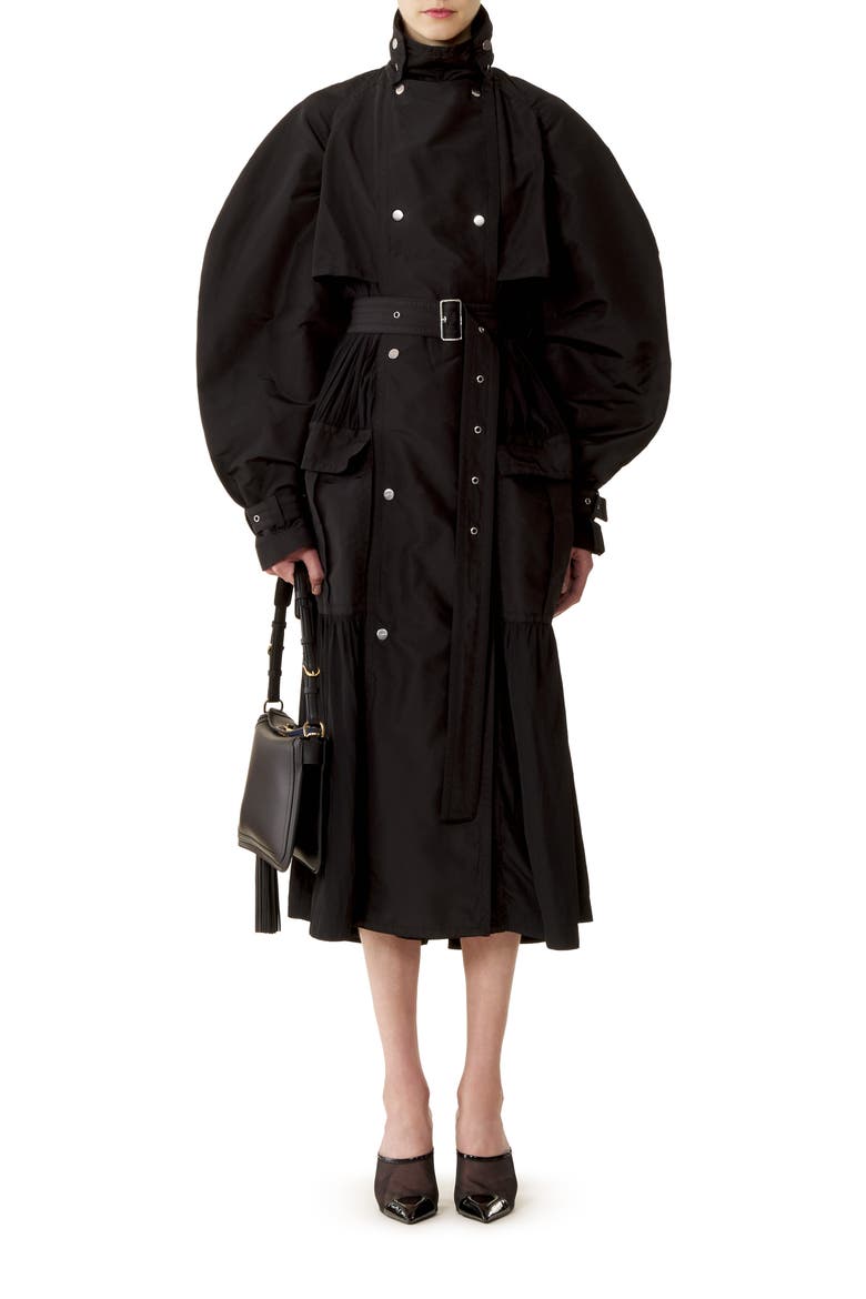 Bi-Material Trench Coat In Silk Faille And Charmeuse Fabric, Main, color, Black