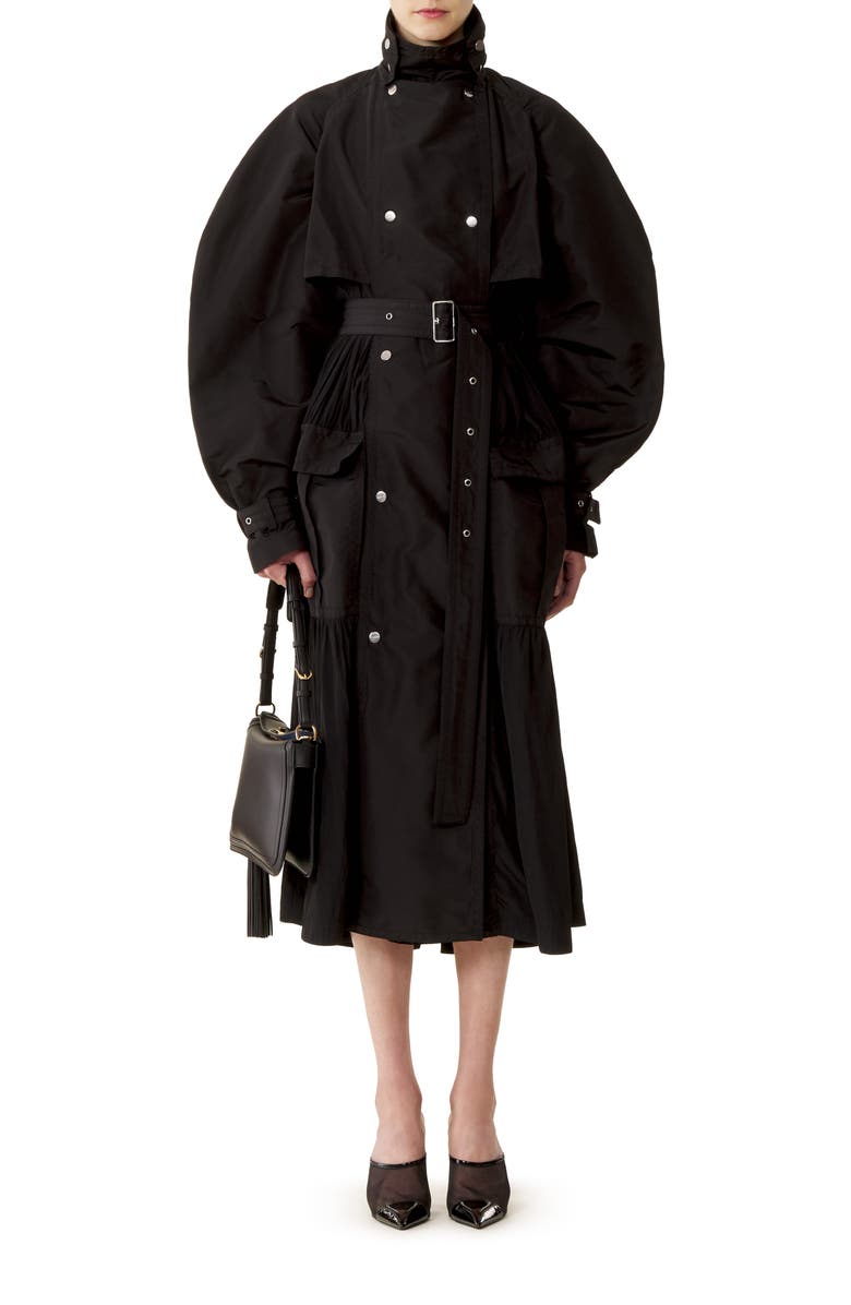 Lanvin Bi-Material Trench Coat In Silk Faille And Charmeuse Fabric, Main, color, Black
