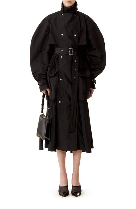 Bi-Material Trench Coat In Silk Faille And Charmeuse Fabric