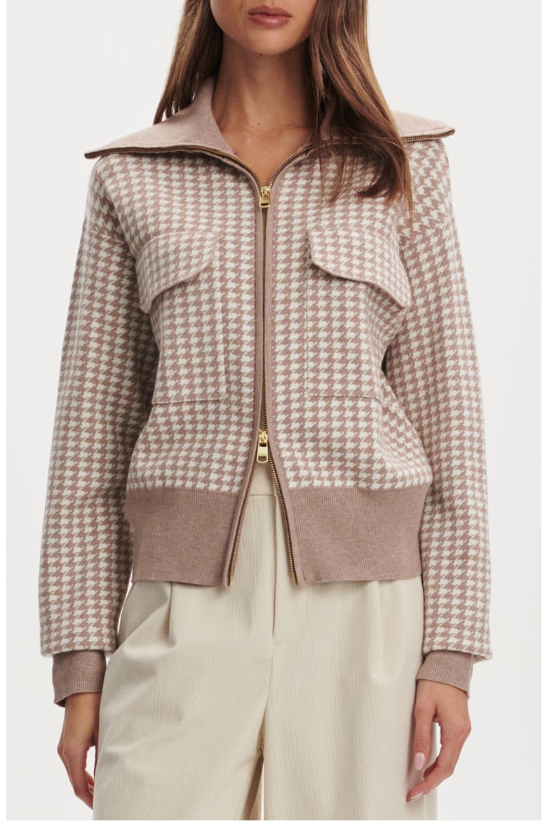 Ablett Houndstooth Jacquard Zip Cardigan, Main, color, TAUPE