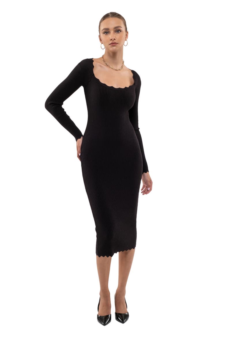 Ribbed Scallop Knit Dress, Alternate, color, BLACK
