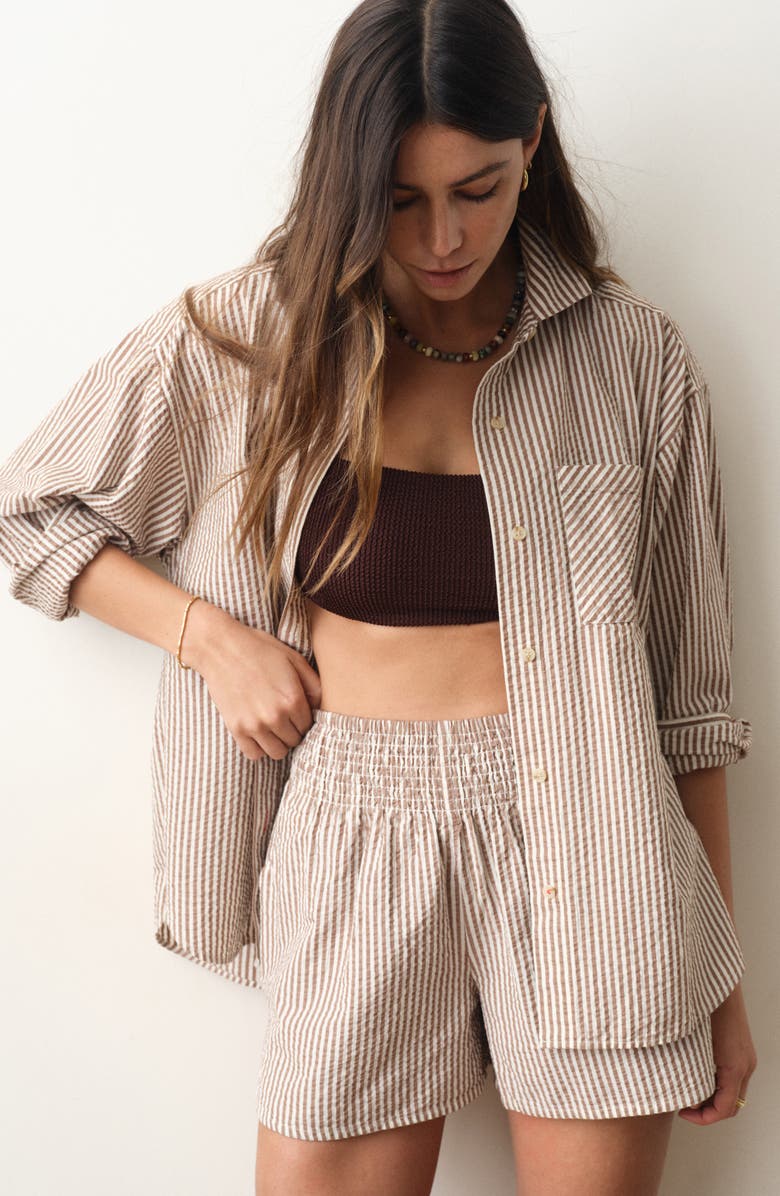 Marine Layer Isla Stripe Cotton & Kapok Seersucker Shorts, Alternate, color, Mocha Stripe