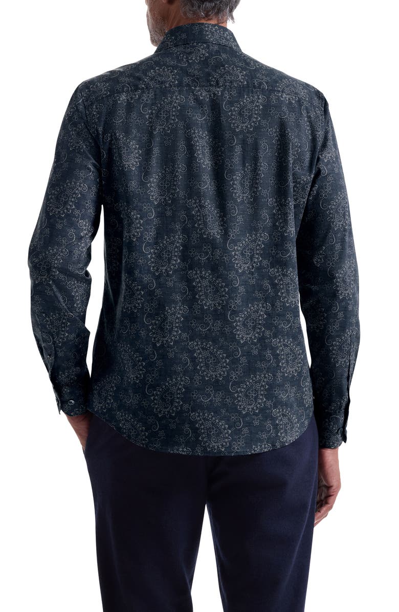 Bugatchi Axel Trim Fit Paisley Stretch Cotton Button-Up Shirt, Alternate, color, Navy