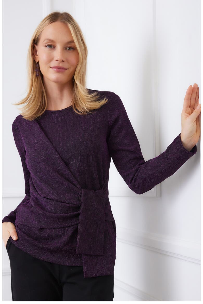 Metallic Knit Side Drape Long Sleeve Top, Alternate, color, EGGPLANT