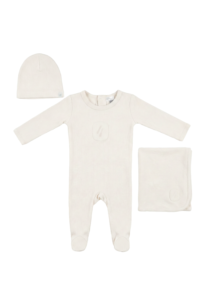 Soft Modal Rib Scalloped Binding Embossed Romper, Hat And Blanket Set, Main, color, Powder