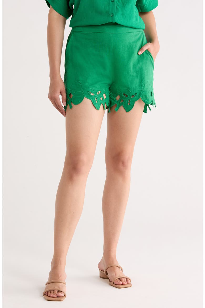 Embroidered Hem Linen Blend Shorts, Main, color, JUNGLE PALM