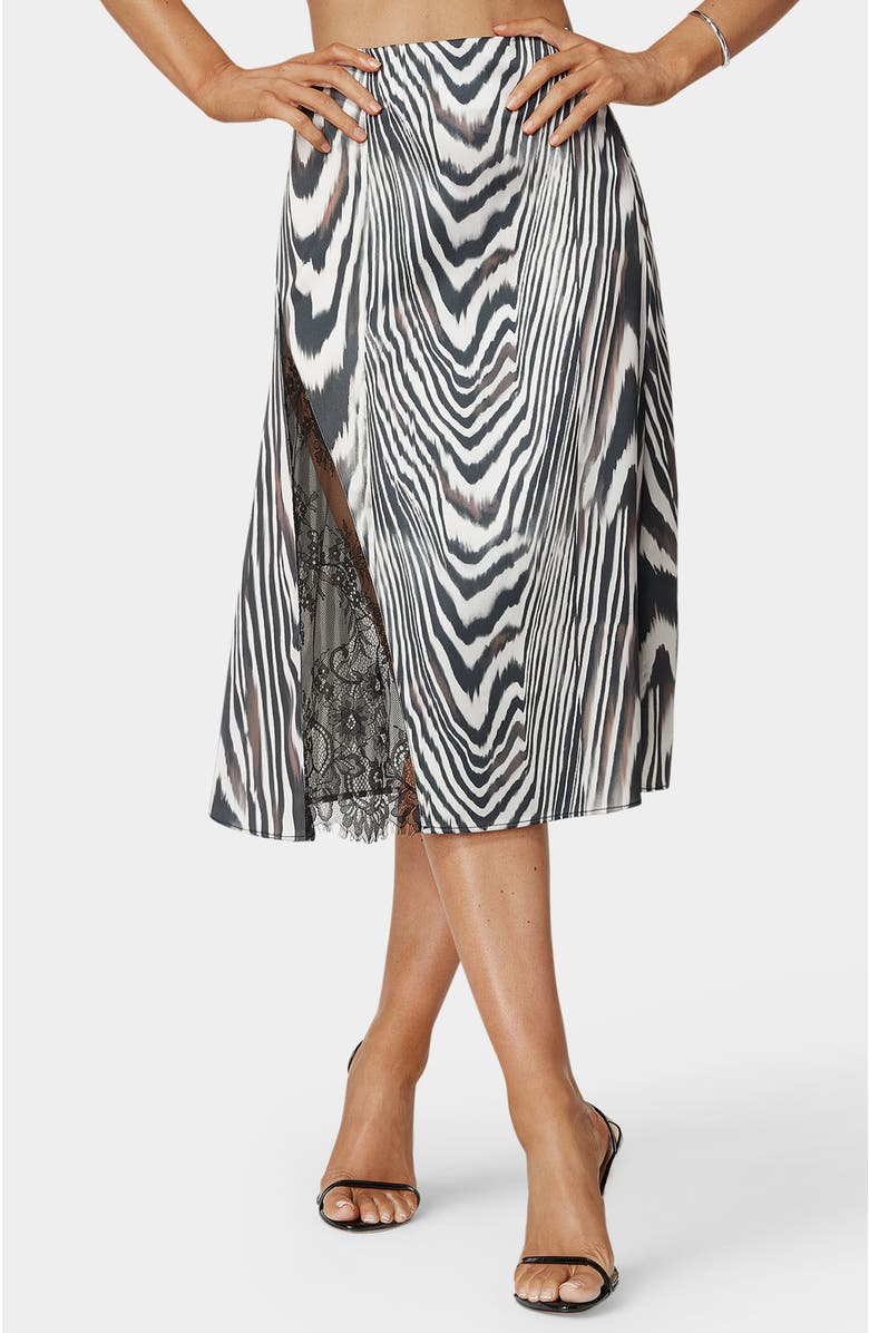 bebe Asymmetrical Lace Insert Satin Skirt, Alternate, color, 2 Tones Zebra Print