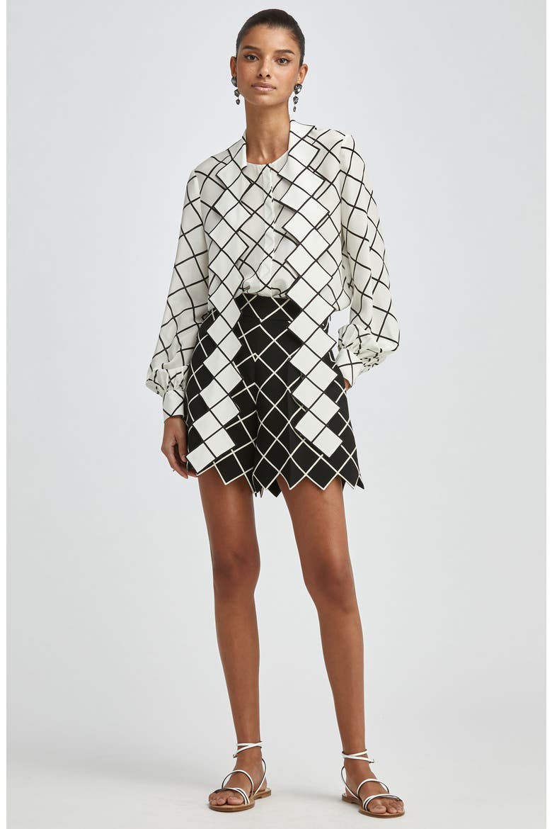 Windowpane Tie Neck Crepe Blouse, Alternate, color, IVORY/ BLACK