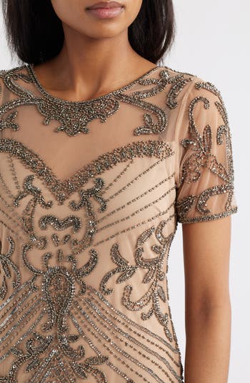 Illusion Beaded Mesh Column Gown