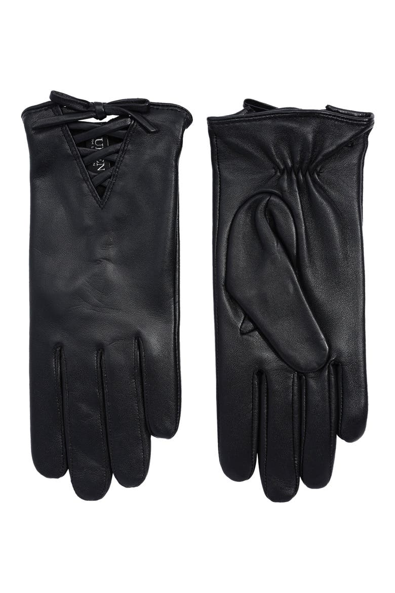 Laced Up Bow Leather Gloves, Alternate, color, BLACK