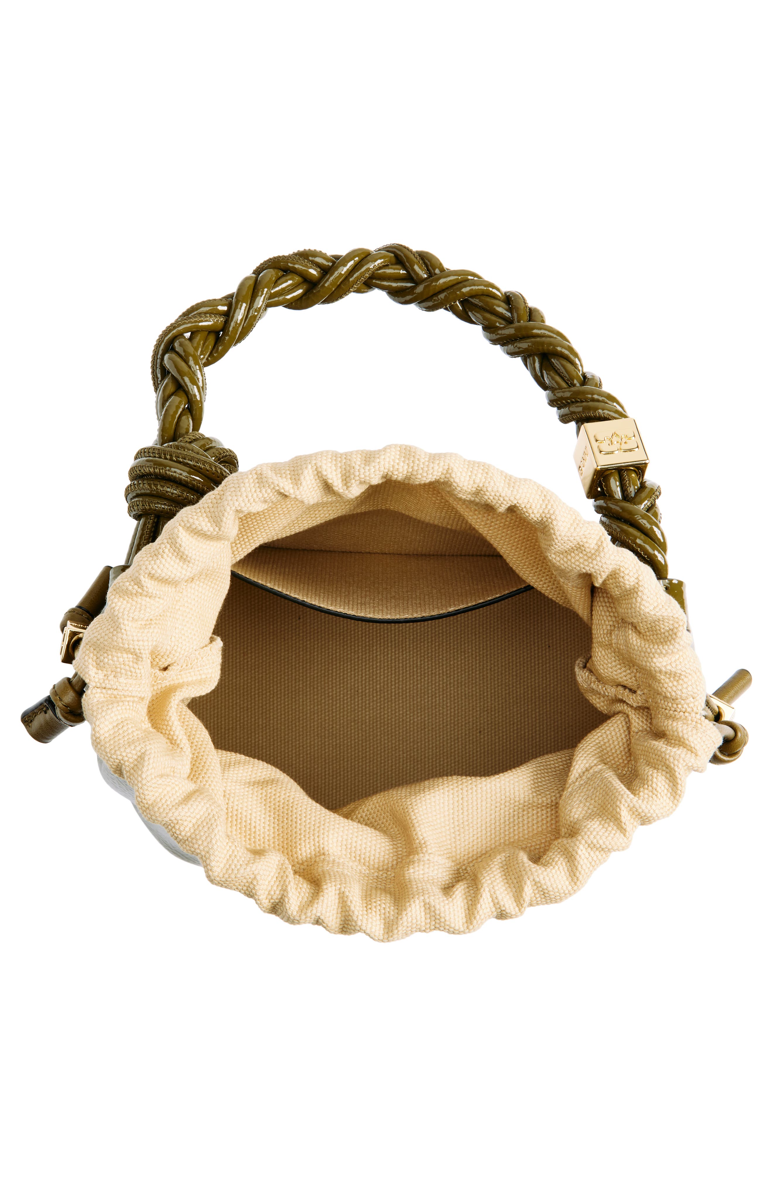Ganni Bou Patent Crinkle Leather Bucket Bag, Alternate, color, 