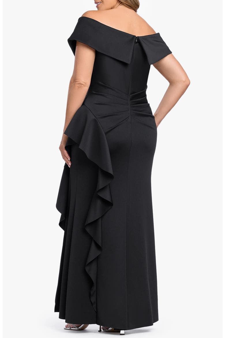 Off the Shoulder Ruffle Scuba Crepe Gown, Alternate, color, BLACK