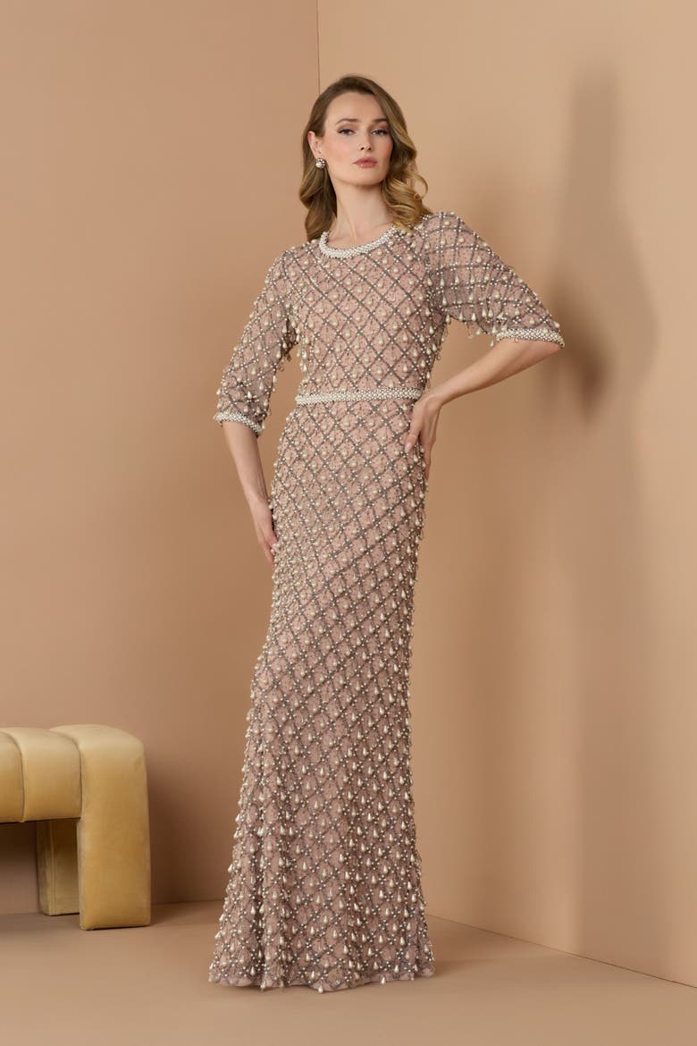 Women's Pearl & Crystal Embellished Evening Gown, Main, color, Light Rose