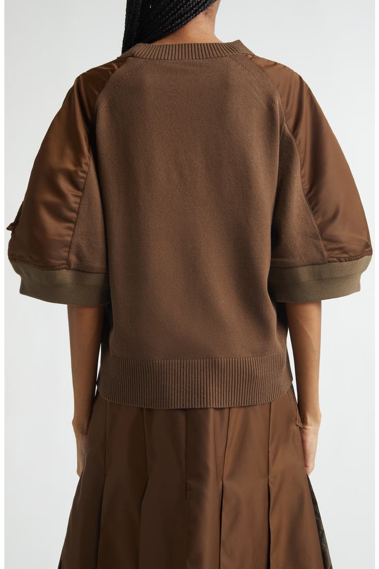 Mixed Media Knit & Nylon Twill Cardigan, Alternate, color, BROWN