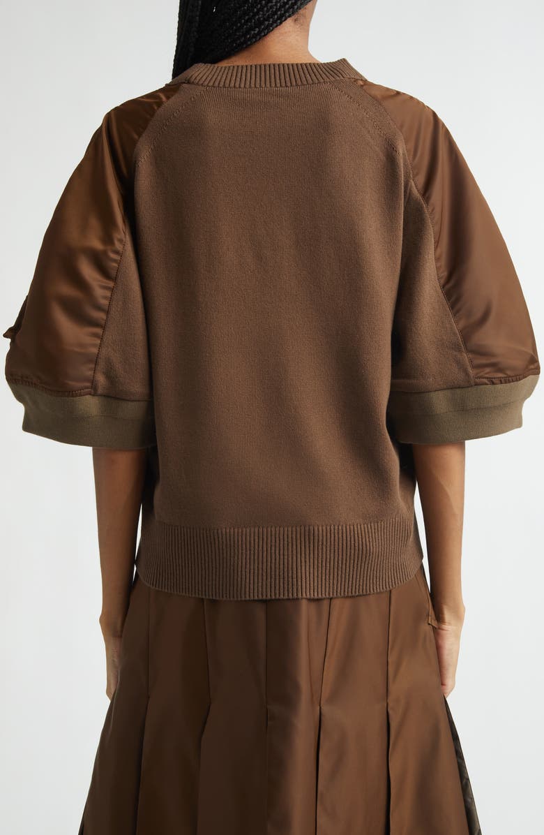 Sacai Mixed Media Knit & Nylon Twill Cardigan, Alternate, color, Brown