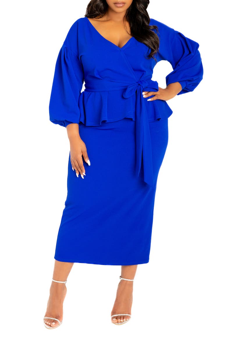 Convertible Shoulder Belted Peplum Midi Dress, Main, color, ROYAL BLUE