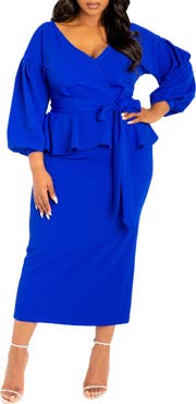 BUXOM COUTURE Convertible Shoulder Belted Peplum Midi Dress