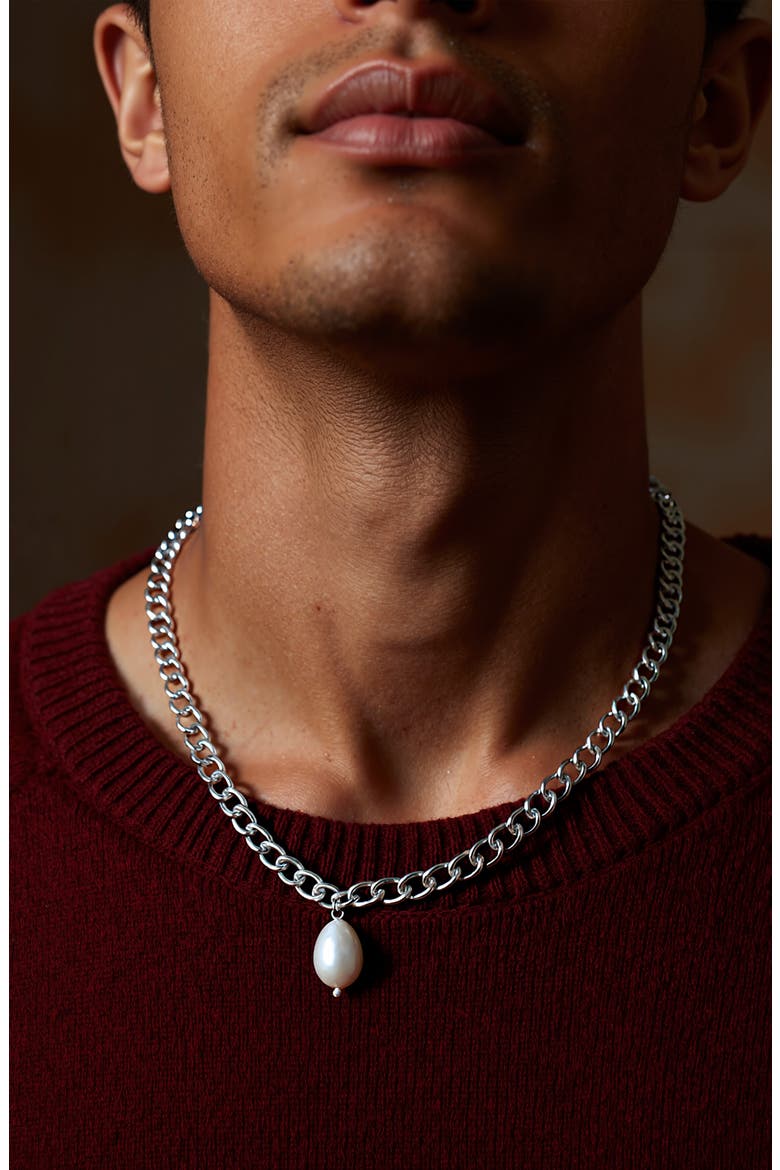 Men's Pearl Charm Chain Necklace, Alternate, color, SILVER