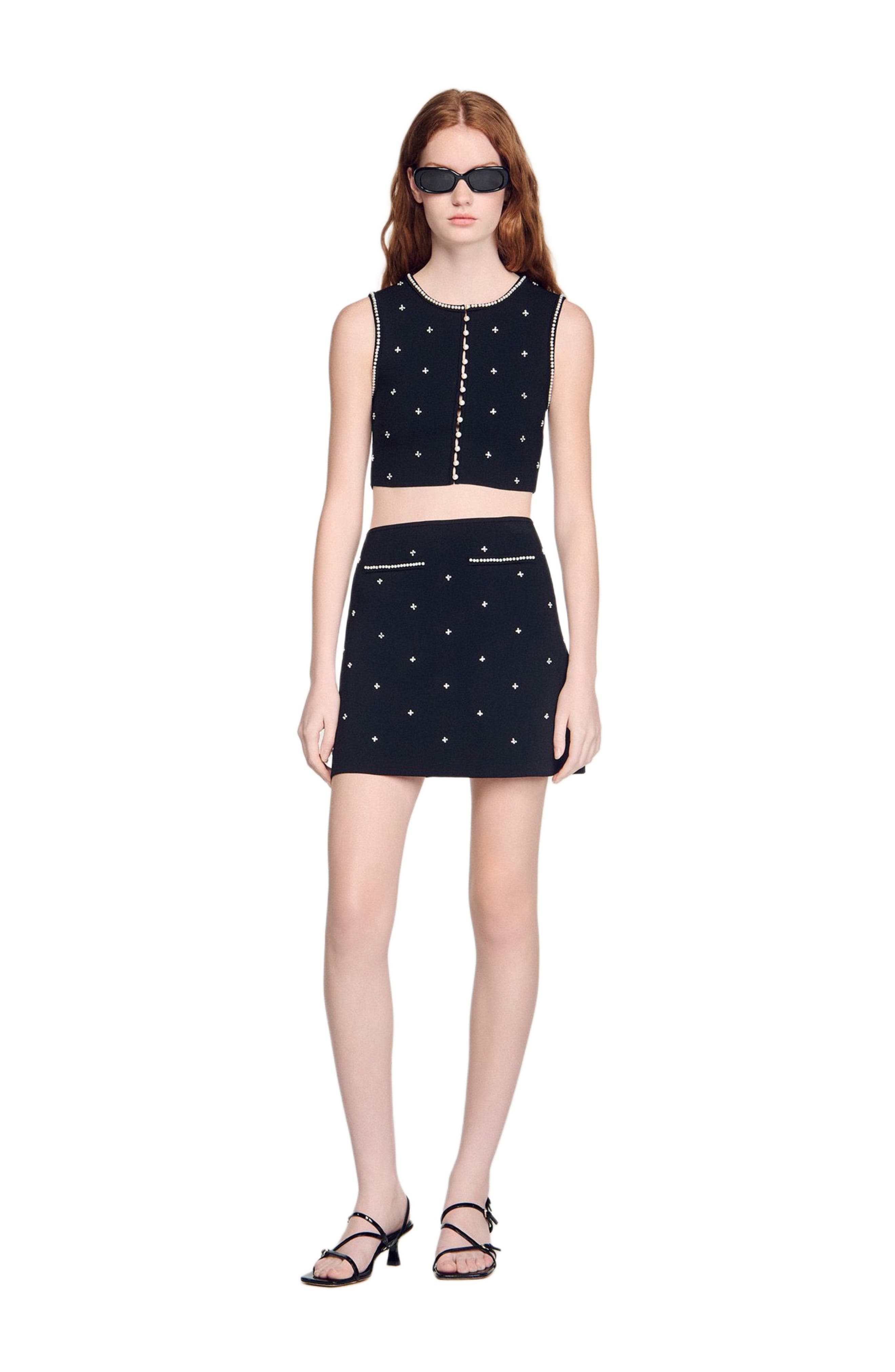 Rhinestone embroidered knit skirt