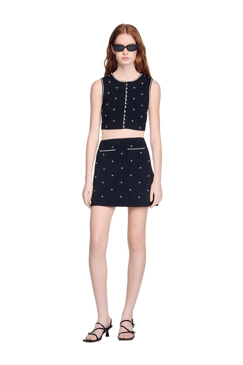Rhinestone embroidered knit skirt, Main, color, Black