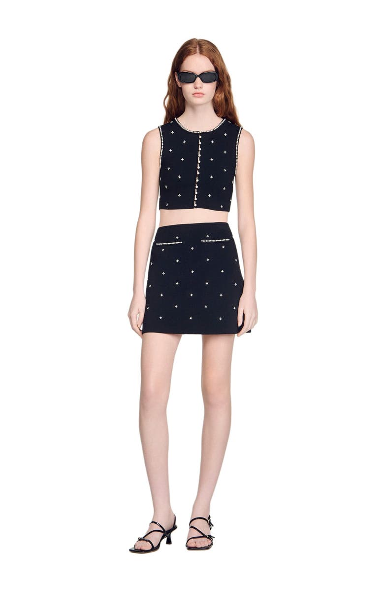 SANDRO Rhinestone embroidered knit skirt, Main, color, Black