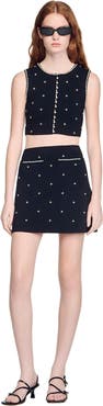 SANDRO Rhinestone embroidered knit skirt