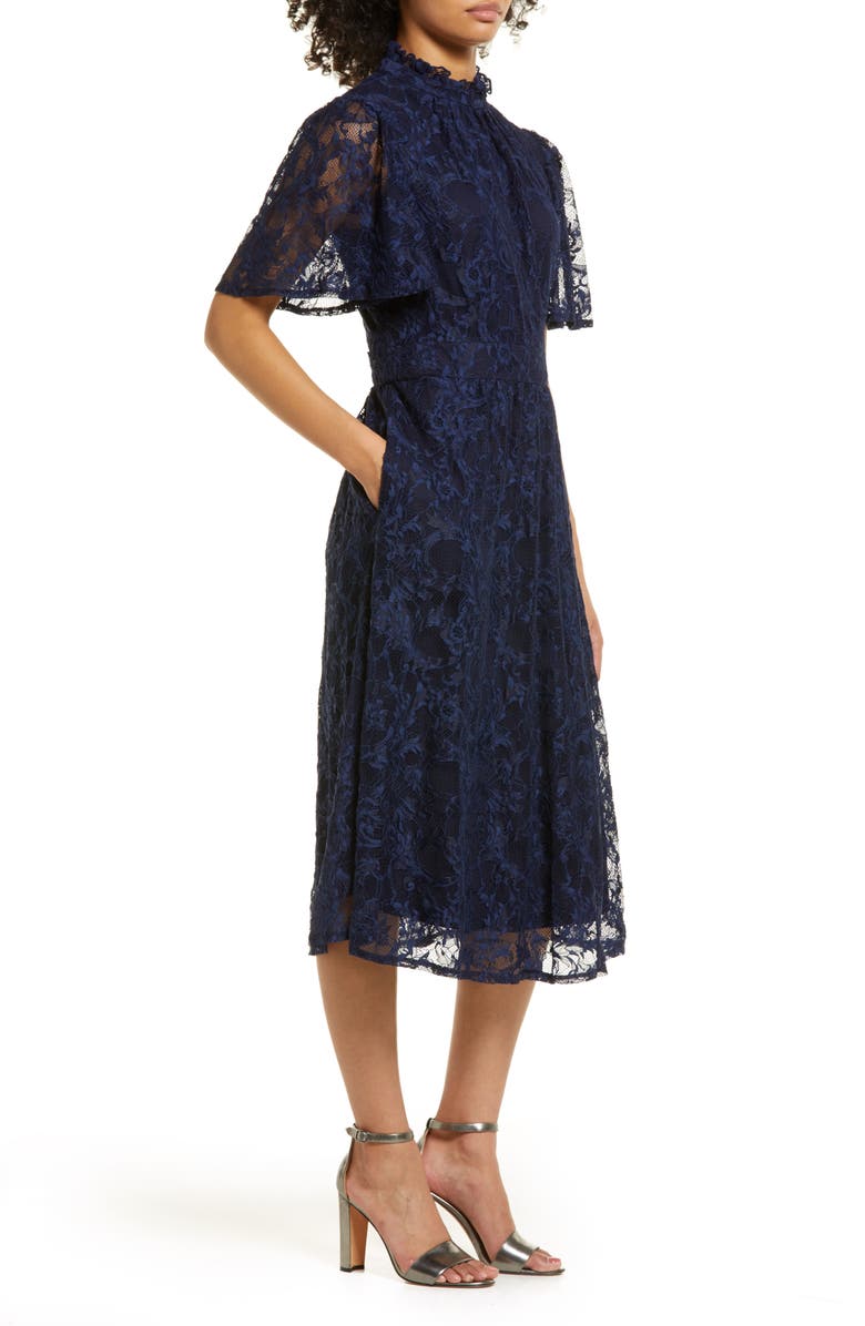 Julia Jordan Flutter Sleeve Lace Mock Neck Midi Dress, Alternate, color, Navy