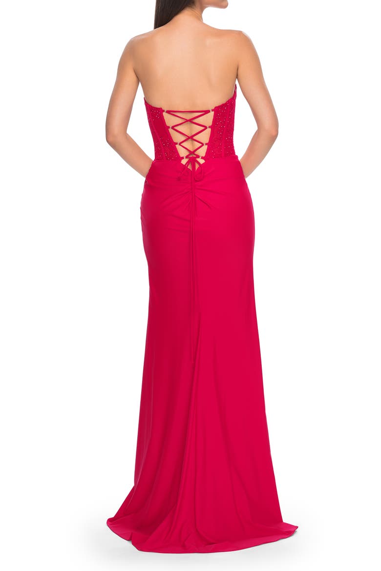 Lace Bustier Strapless Dress with Ruched Jersey Skirt, Alternate, color, Red