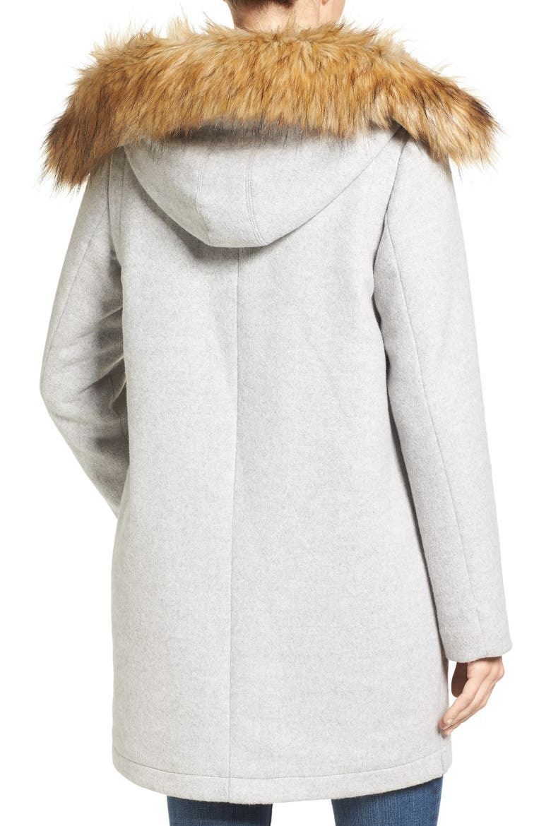 Wool Blend Duffle Coat with Faux Fur Trim Hood, Alternate, color, LIGHT GREY