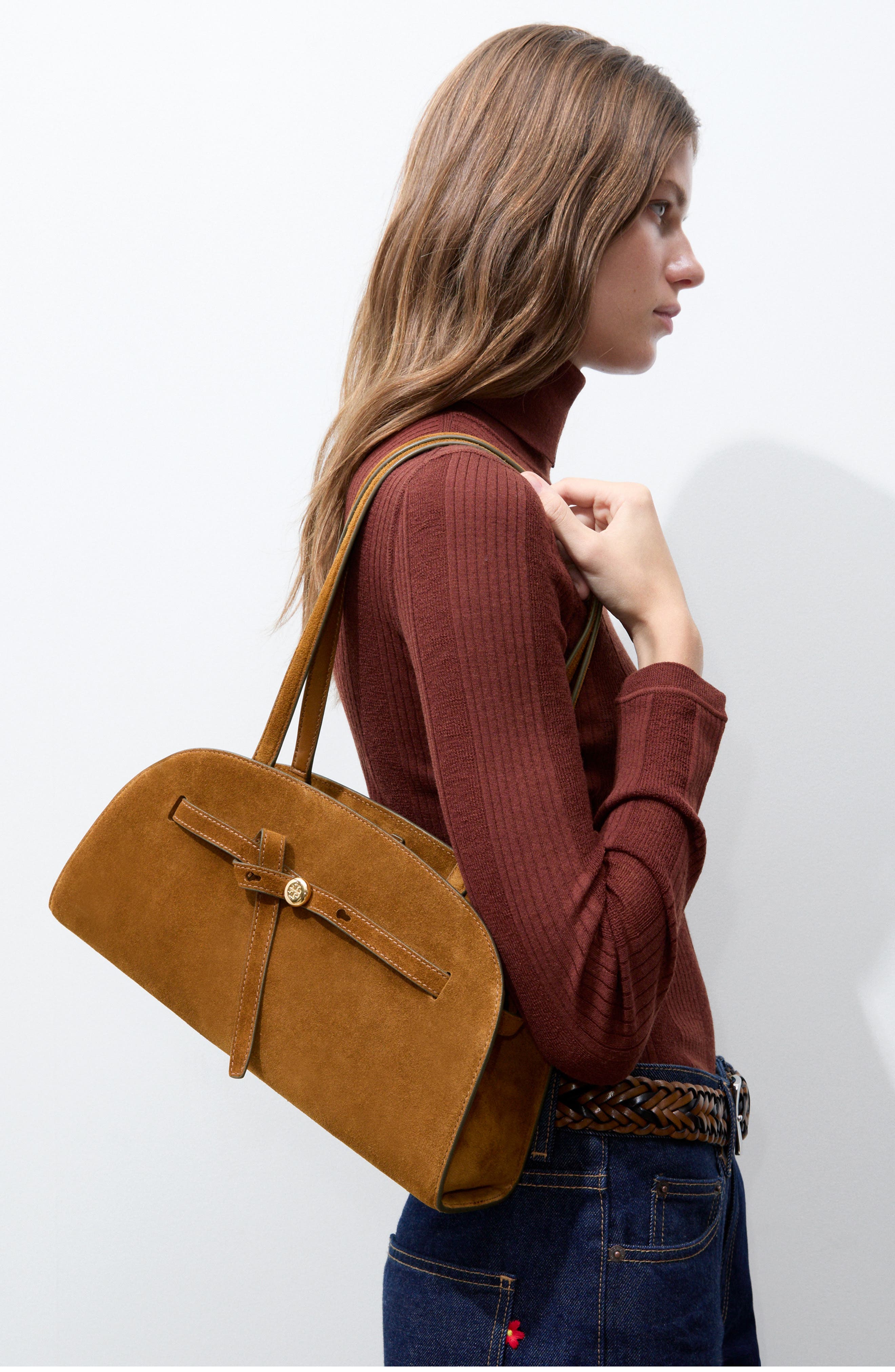 Romy Suede East West Bauletto, Alternate, color, CARAMEL