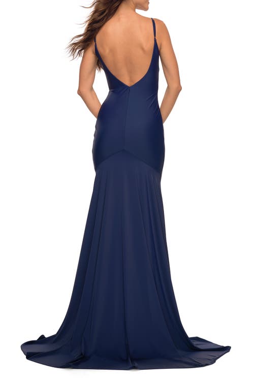 La Femme Sleeveless Jersey Gown With Train In Navy