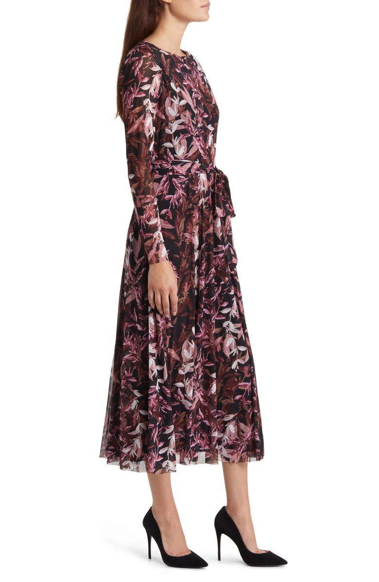 Anne Klein Leaf Print Long Sleeve Mesh Midi Dress, Alternate, color, 