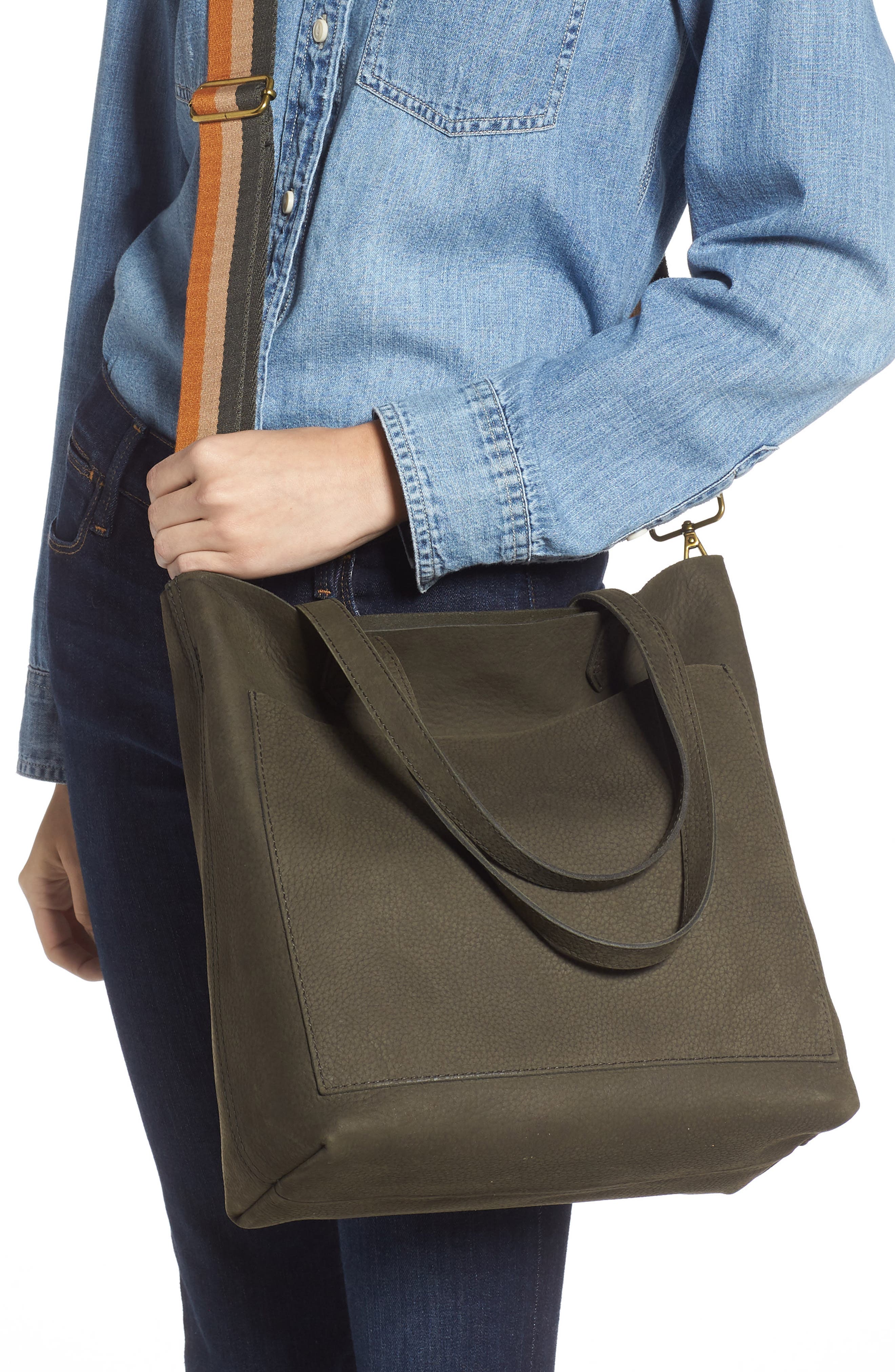Madewell The Medium Nubuck Leather Transport Tote: Striped Strap Edition, Alternate, color, 